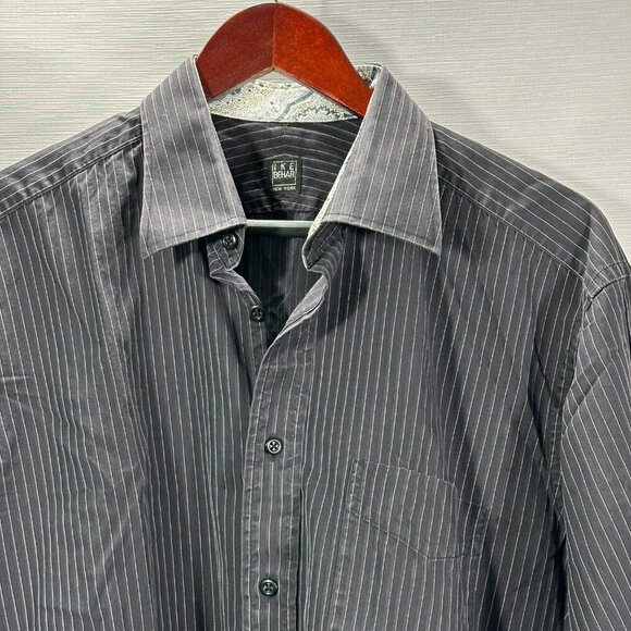 Ike Behar Shirt Mens 16.5 Black Stripe Cotton Long Sleeve Button Up Contrast Cuf - Picture 2 of 8